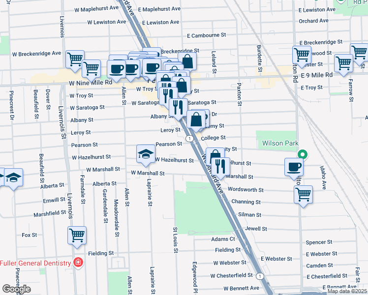 map of restaurants, bars, coffee shops, grocery stores, and more near 22111 Woodward Avenue in Ferndale