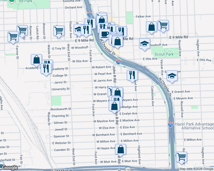 map of restaurants, bars, coffee shops, grocery stores, and more near 41 West Harry Avenue in Hazel Park