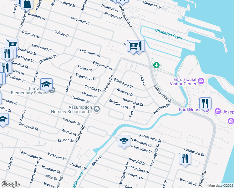 map of restaurants, bars, coffee shops, grocery stores, and more near 23125 Greencrest Street in St. Clair Shores