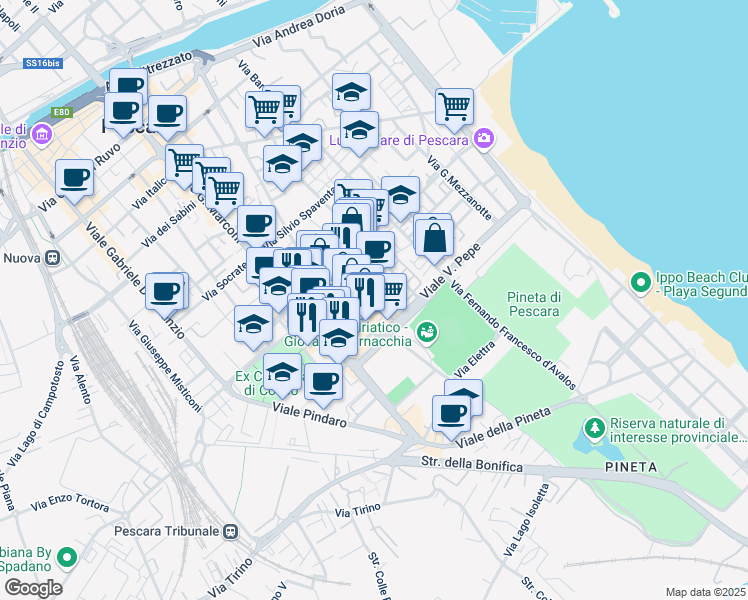 map of restaurants, bars, coffee shops, grocery stores, and more near 64 Via Alessandro Valignani in Pescara