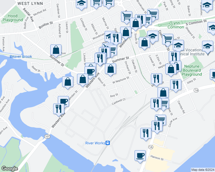 map of restaurants, bars, coffee shops, grocery stores, and more near 116 West Neptune Street in Lynn