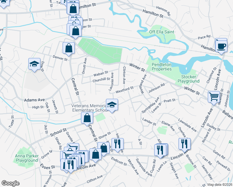 map of restaurants, bars, coffee shops, grocery stores, and more near 53 Pelham Street in Saugus