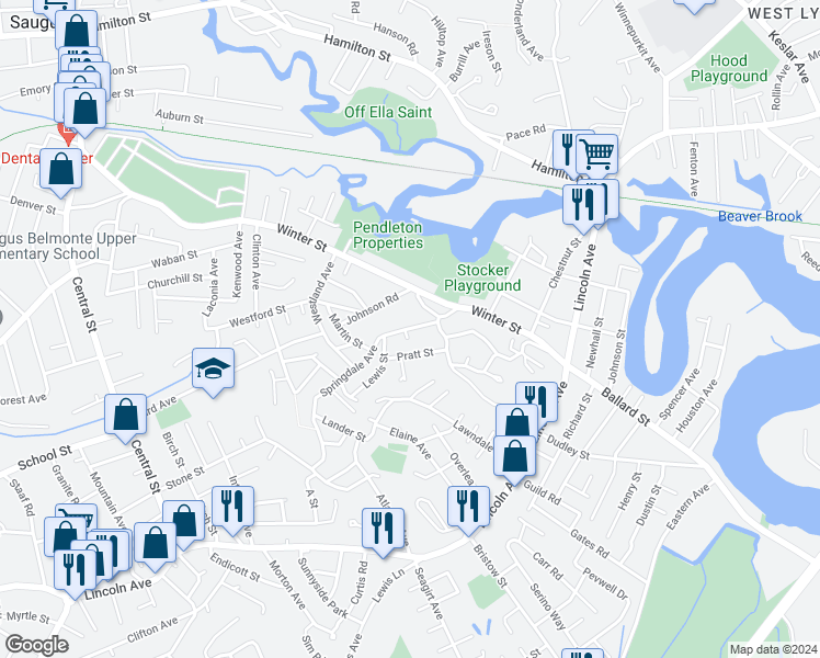 map of restaurants, bars, coffee shops, grocery stores, and more near 1 Springdale Terrace in Saugus