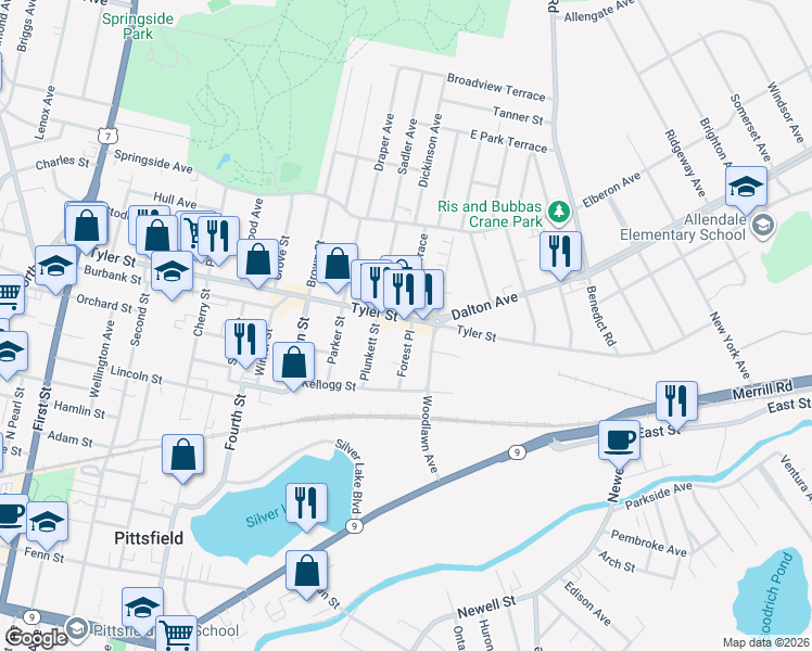 map of restaurants, bars, coffee shops, grocery stores, and more near 770 Tyler Street in Pittsfield