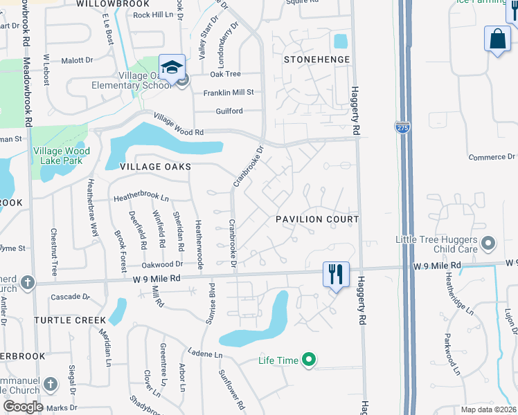map of restaurants, bars, coffee shops, grocery stores, and more near 22729 Renford Street in Novi