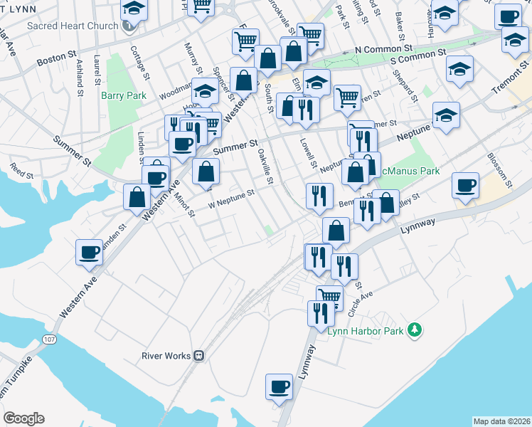 map of restaurants, bars, coffee shops, grocery stores, and more near 67 Elmwood Avenue in Lynn
