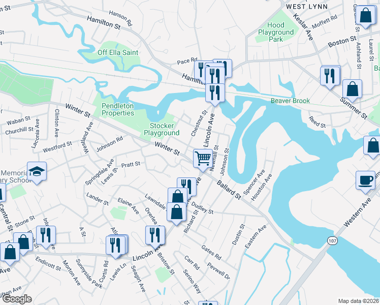 map of restaurants, bars, coffee shops, grocery stores, and more near in Saugus
