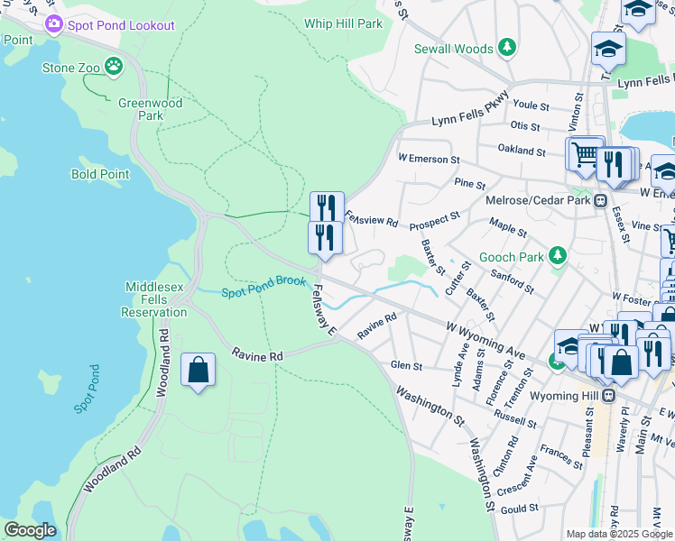 map of restaurants, bars, coffee shops, grocery stores, and more near 291 West Wyoming Avenue in Stoneham