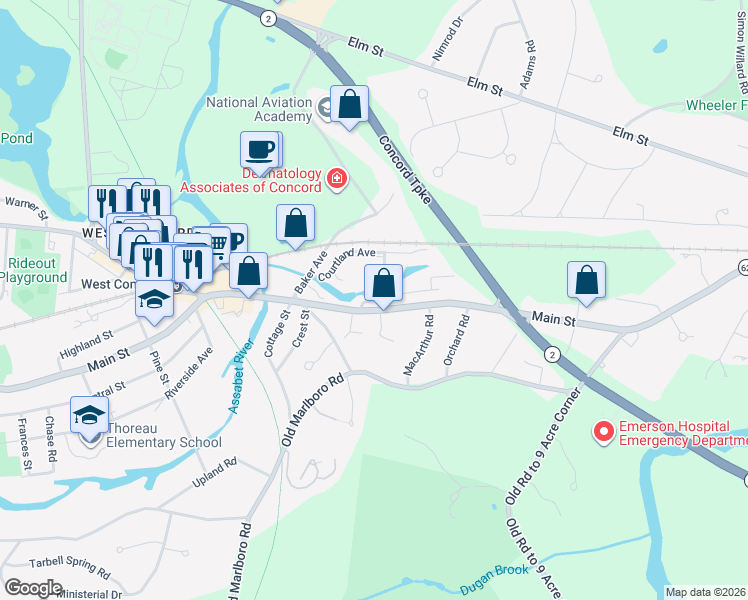 map of restaurants, bars, coffee shops, grocery stores, and more near 1031 Main Street in Concord