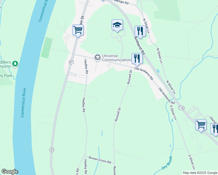 map of restaurants, bars, coffee shops, grocery stores, and more near 67 Old Amherst Road in Sunderland