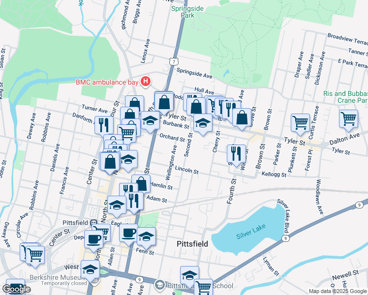 map of restaurants, bars, coffee shops, grocery stores, and more near 62 Wellington Avenue in Pittsfield