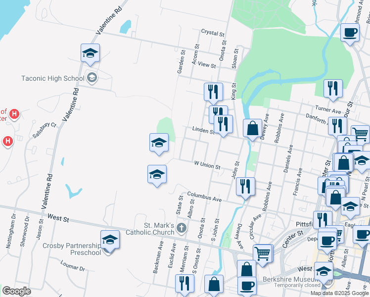 map of restaurants, bars, coffee shops, grocery stores, and more near 11 Pacific Street in Pittsfield