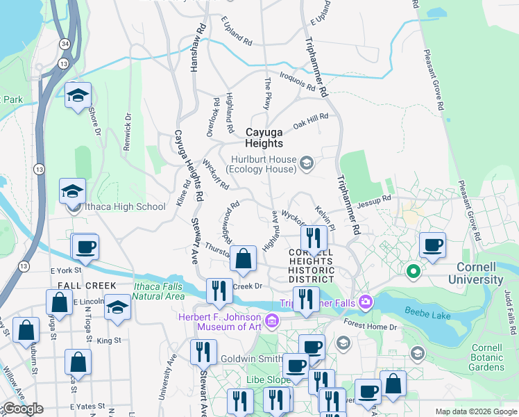 map of restaurants, bars, coffee shops, grocery stores, and more near 105 Westbourne Lane in Ithaca