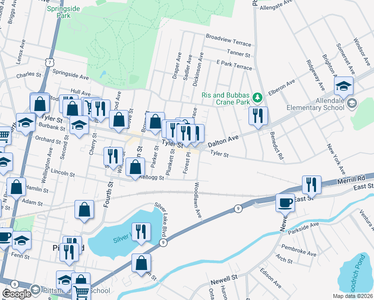 map of restaurants, bars, coffee shops, grocery stores, and more near 760 Tyler Street in Pittsfield