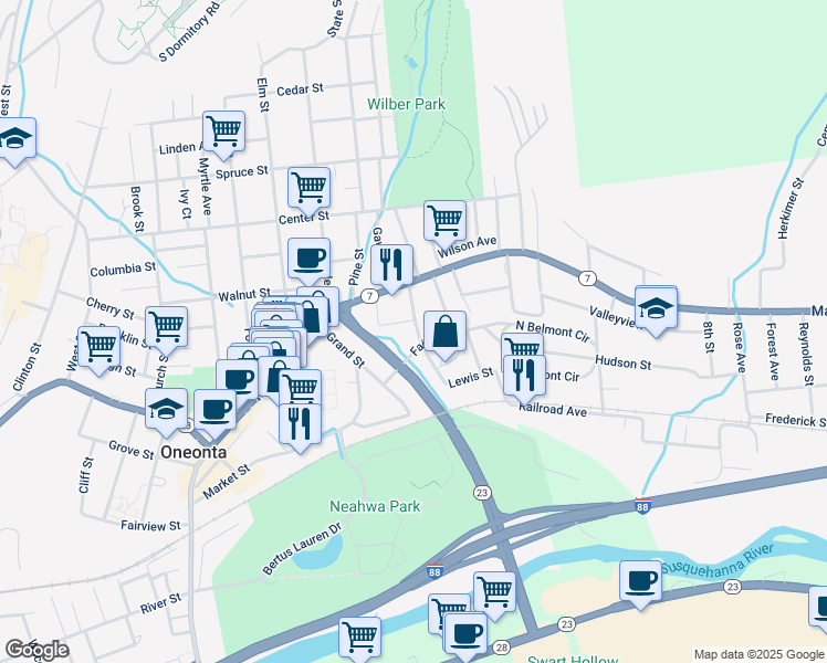 map of restaurants, bars, coffee shops, grocery stores, and more near 17 Fair Street in Oneonta