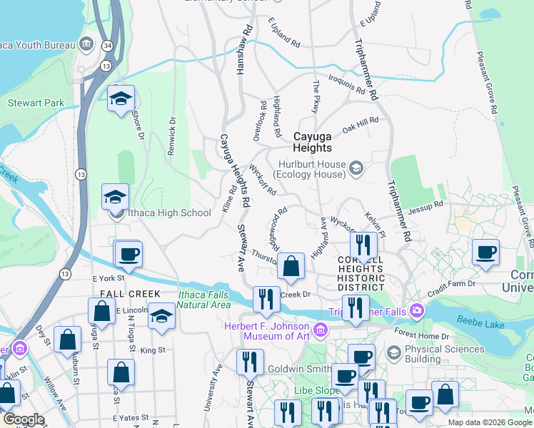 map of restaurants, bars, coffee shops, grocery stores, and more near 196 Ridgewood Road in Ithaca