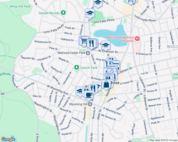 map of restaurants, bars, coffee shops, grocery stores, and more near 235 West Foster Street in Melrose