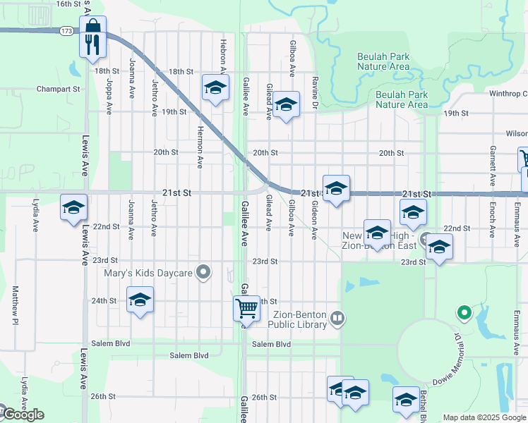 map of restaurants, bars, coffee shops, grocery stores, and more near 2110 Gilead Avenue in Zion