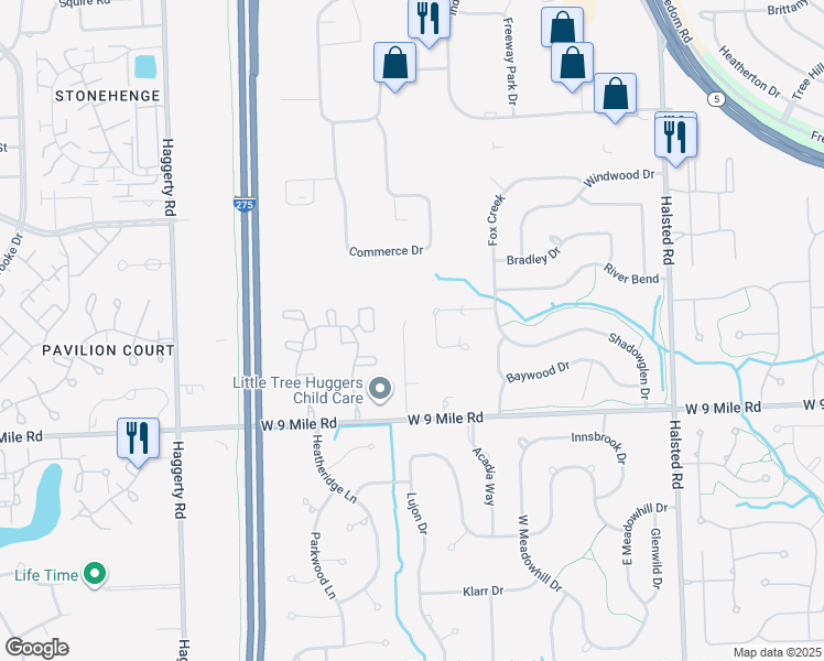 map of restaurants, bars, coffee shops, grocery stores, and more near 38312 Lana Court in Farmington Hills