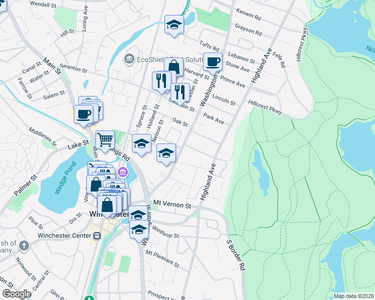 map of restaurants, bars, coffee shops, grocery stores, and more near 219 Washington Street in Winchester