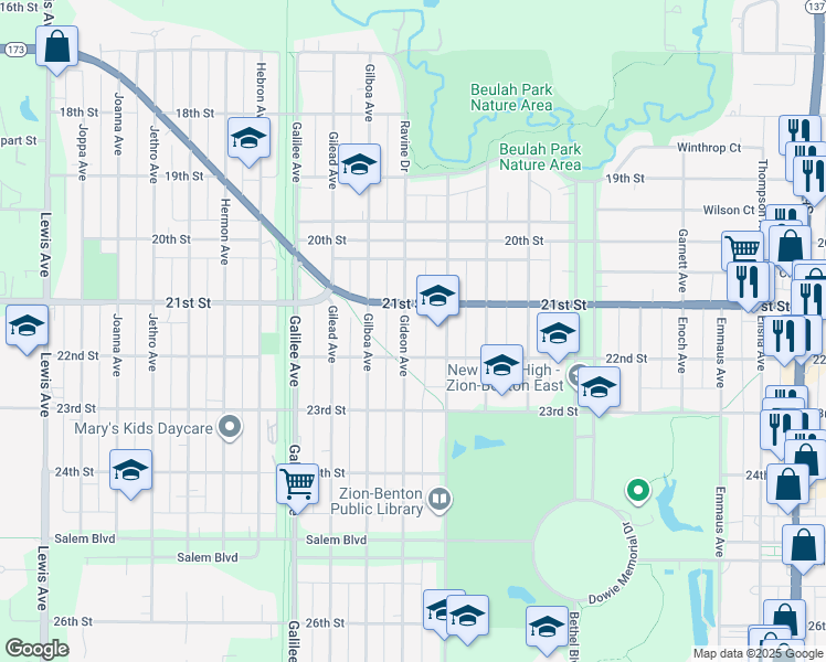 map of restaurants, bars, coffee shops, grocery stores, and more near 2109 Gideon Avenue in Zion