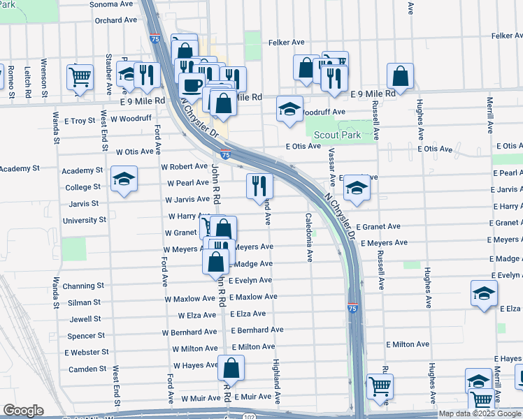 map of restaurants, bars, coffee shops, grocery stores, and more near 429 East Harry Avenue in Hazel Park