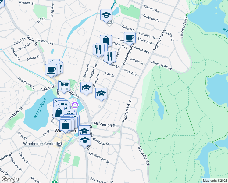 map of restaurants, bars, coffee shops, grocery stores, and more near 5 Webster Street in Winchester