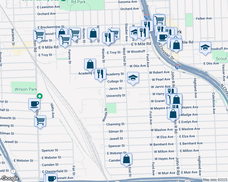 map of restaurants, bars, coffee shops, grocery stores, and more near 1669 University Street in Ferndale