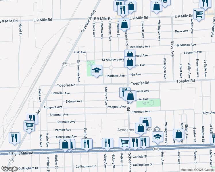 map of restaurants, bars, coffee shops, grocery stores, and more near 13320 Toepfer Road in Warren