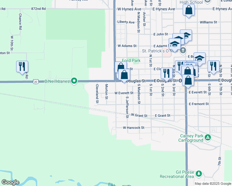 map of restaurants, bars, coffee shops, grocery stores, and more near 201 South Harrison Street in O'Neill