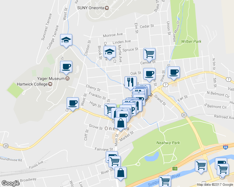 map of restaurants, bars, coffee shops, grocery stores, and more near 17 Reynolds Avenue in Oneonta