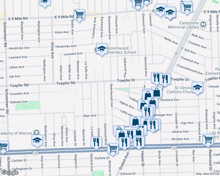 map of restaurants, bars, coffee shops, grocery stores, and more near 21355 Beechwood Avenue in Eastpointe