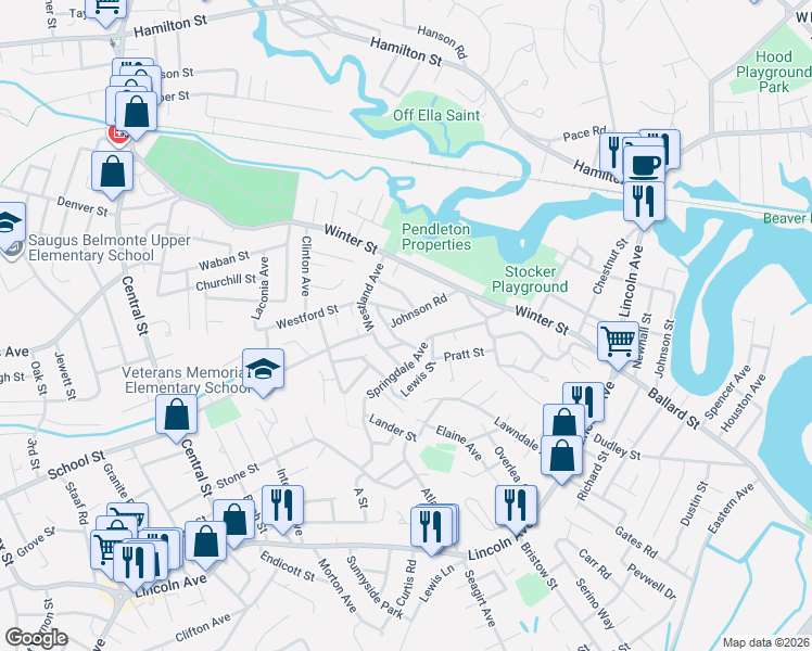 map of restaurants, bars, coffee shops, grocery stores, and more near 30 Springdale Avenue in Saugus