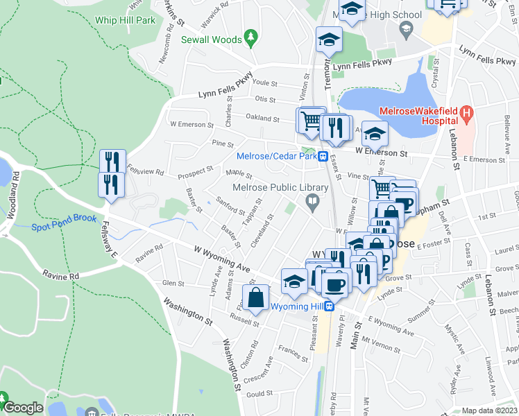map of restaurants, bars, coffee shops, grocery stores, and more near 46 Sanford Street in Melrose