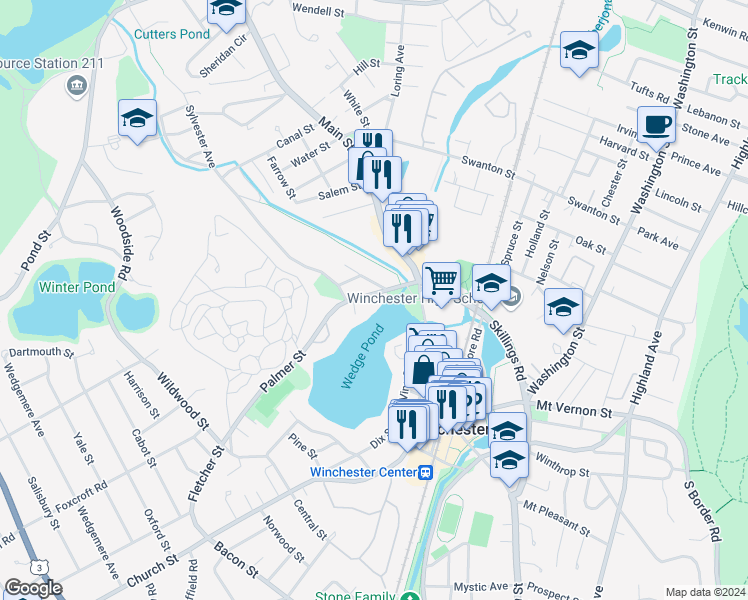 map of restaurants, bars, coffee shops, grocery stores, and more near 40 Lake Street in Winchester