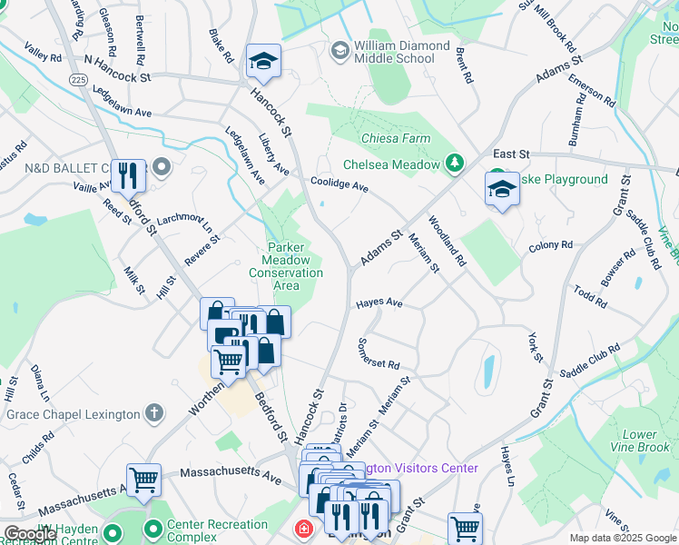 map of restaurants, bars, coffee shops, grocery stores, and more near 56 Hancock Street in Lexington