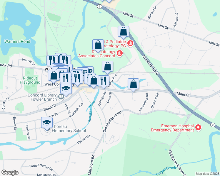 map of restaurants, bars, coffee shops, grocery stores, and more near 21 Old Bridge Road in Concord