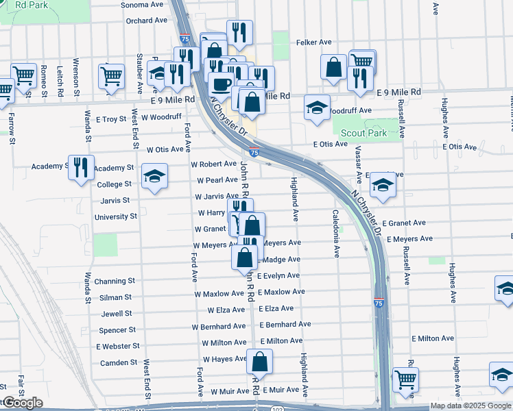 map of restaurants, bars, coffee shops, grocery stores, and more near 28 East Harry Avenue in Hazel Park
