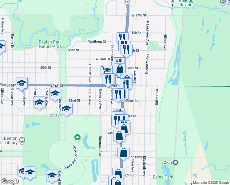 map of restaurants, bars, coffee shops, grocery stores, and more near 2117 Elisha Avenue in Zion