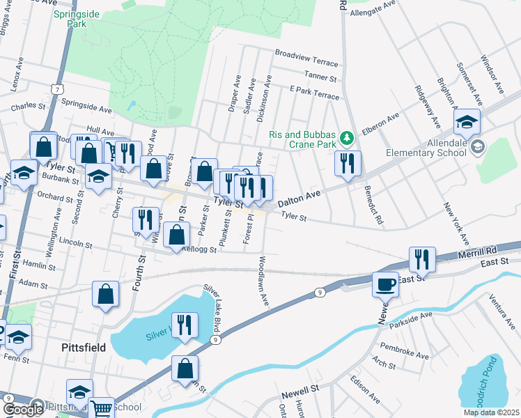 map of restaurants, bars, coffee shops, grocery stores, and more near 804 Tyler St in Pittsfield