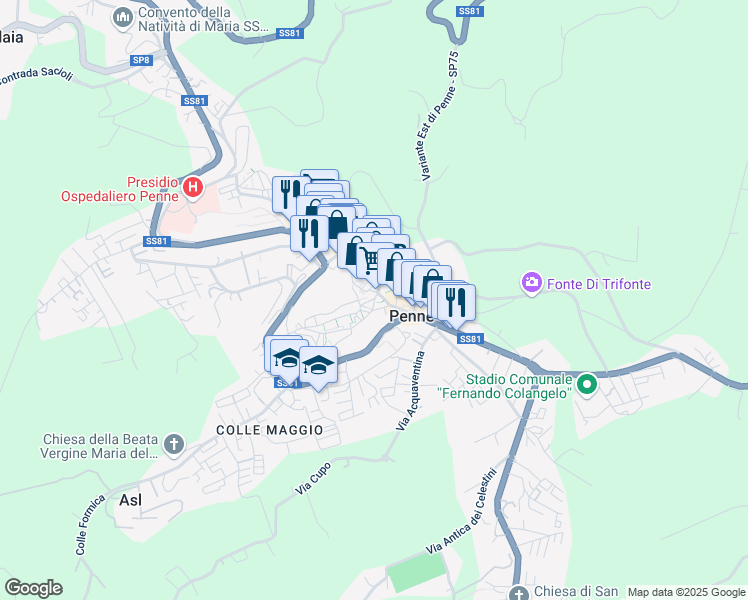 map of restaurants, bars, coffee shops, grocery stores, and more near Strada Statale 81 in Penne