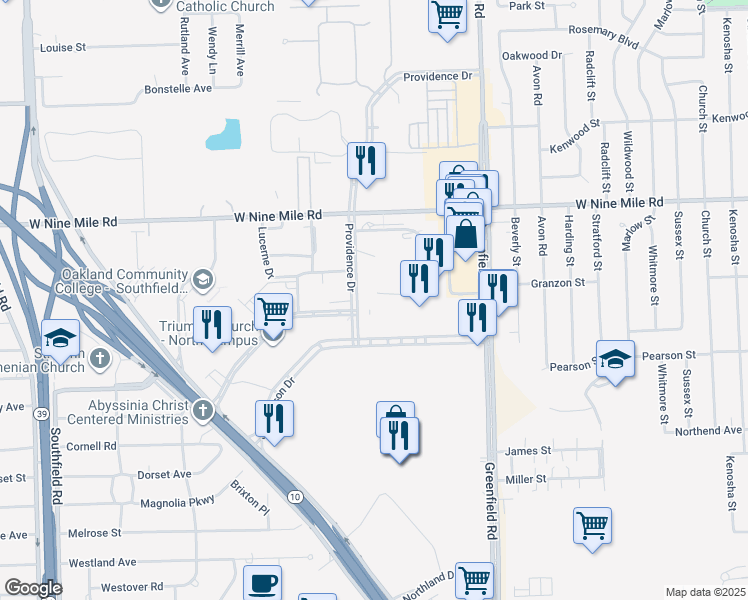 map of restaurants, bars, coffee shops, grocery stores, and more near 22250 Providence Drive in Southfield