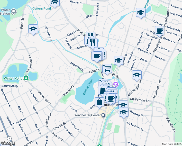 map of restaurants, bars, coffee shops, grocery stores, and more near 60 Lake Street in Winchester