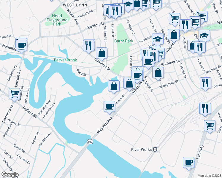map of restaurants, bars, coffee shops, grocery stores, and more near 75 River Street in Lynn