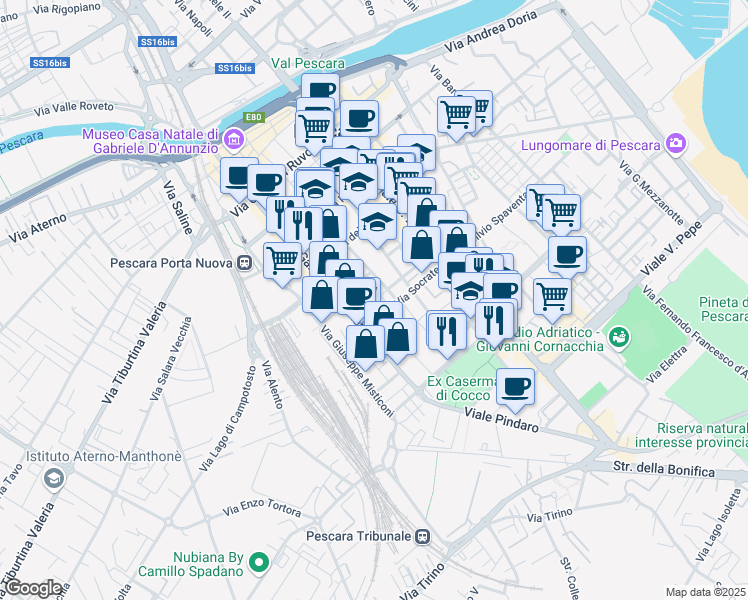 map of restaurants, bars, coffee shops, grocery stores, and more near 16 Via dei Teatini in Pescara