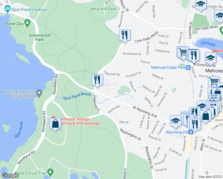 map of restaurants, bars, coffee shops, grocery stores, and more near 285 West Wyoming Avenue in Melrose