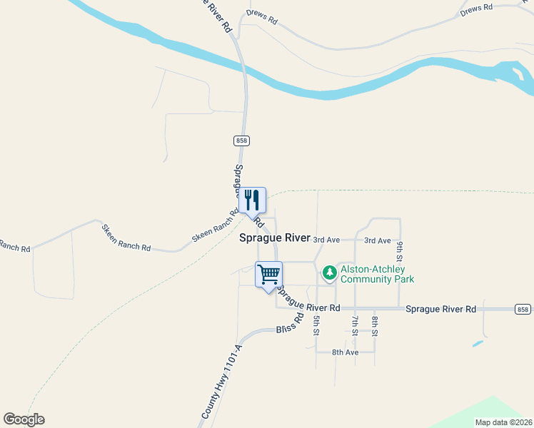 map of restaurants, bars, coffee shops, grocery stores, and more near in Sprague River
