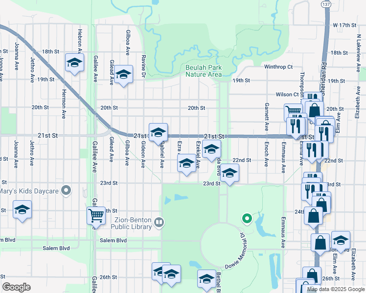 map of restaurants, bars, coffee shops, grocery stores, and more near 2109 Ezra Avenue in Zion