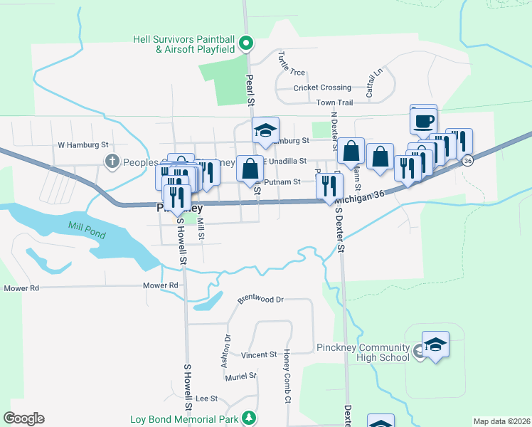map of restaurants, bars, coffee shops, grocery stores, and more near 514 East Main Street in Pinckney
