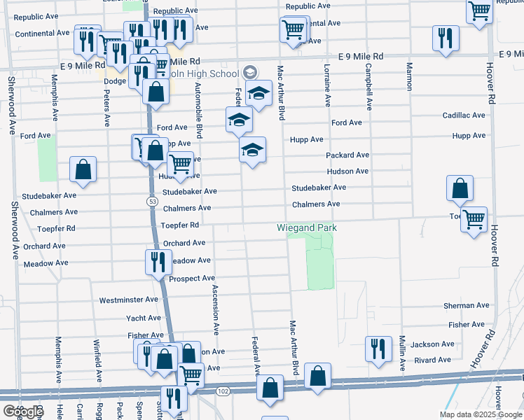 map of restaurants, bars, coffee shops, grocery stores, and more near 8460 Chalmers Avenue in Warren